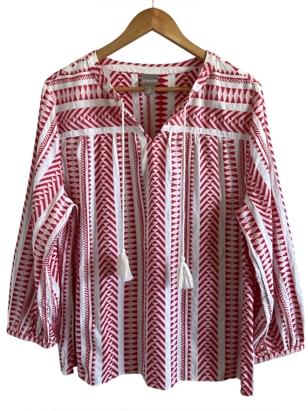Chico's Popover Peasant Top Red White Geometric Print Tassel Ties Size 3/XL